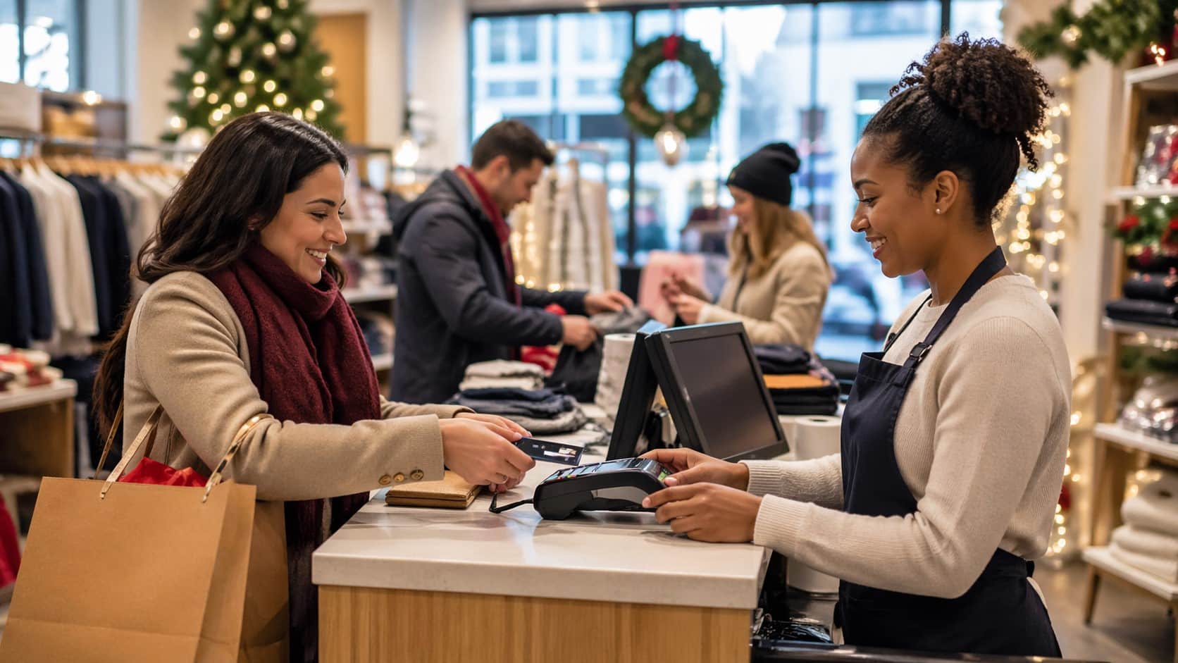 Retail employee experience during holiday shopping season with cashier assisting customer at checkout counter