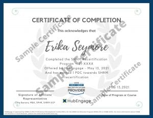 Example of the HubEngage - SHRM Recertification Certificate 2021