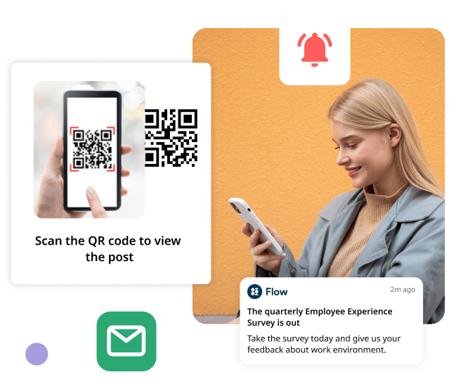Send survey notification to your employees via Push notifications, emails, SMS or display on digital signage.