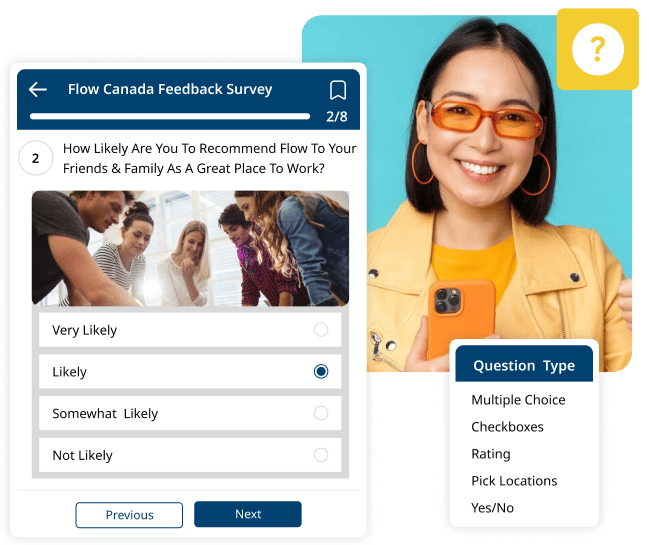 HubEngage Employee Survey Software allows you to create different types of employee survey questions with media to get feedback