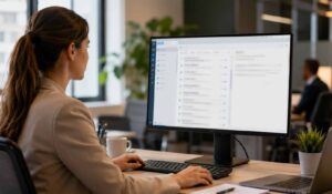 Employee creating Outlook email list on a digital screen in a modern office workspace.
