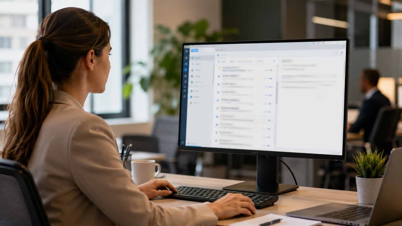 Employee creating Outlook email list on a digital screen in a modern office workspace.