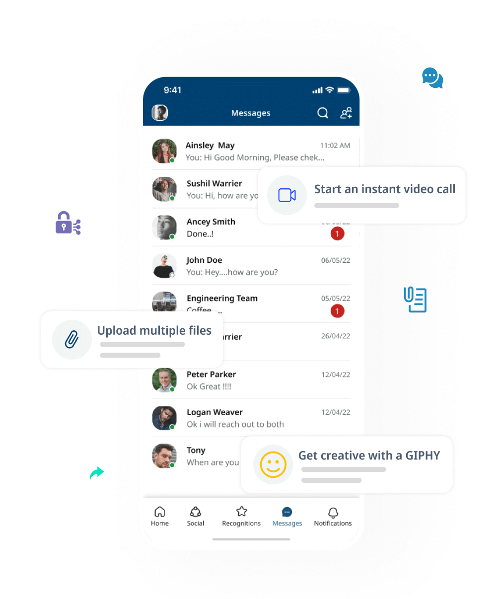 Improve internal communications with the HubEngage Team Communication App. Enable employees to send messages to each other and in groups