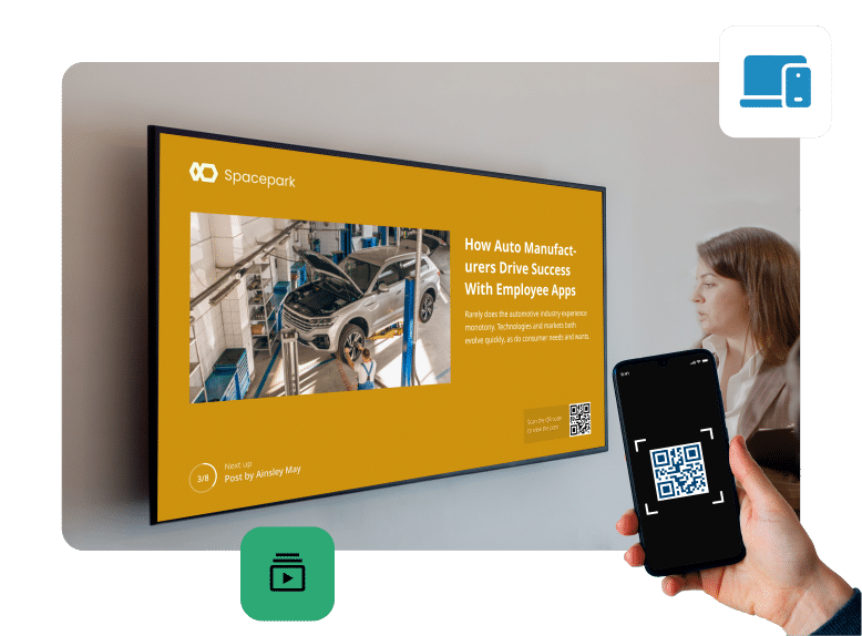 Enhance employee communication with QR code scanning on digital signage to get more information, watch videos and take surveys.