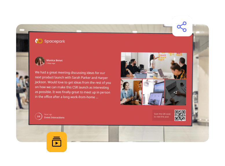 Use our digital signage software to show interactive content with videos / media to engage employees through digital displays