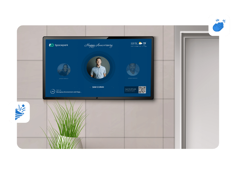 Use our digital signage software to show interactive content with videos / media to engage employees through digital displays Use digital signage software to automate employee recognition display boards. Show awards, birthdays, work anniversaries.