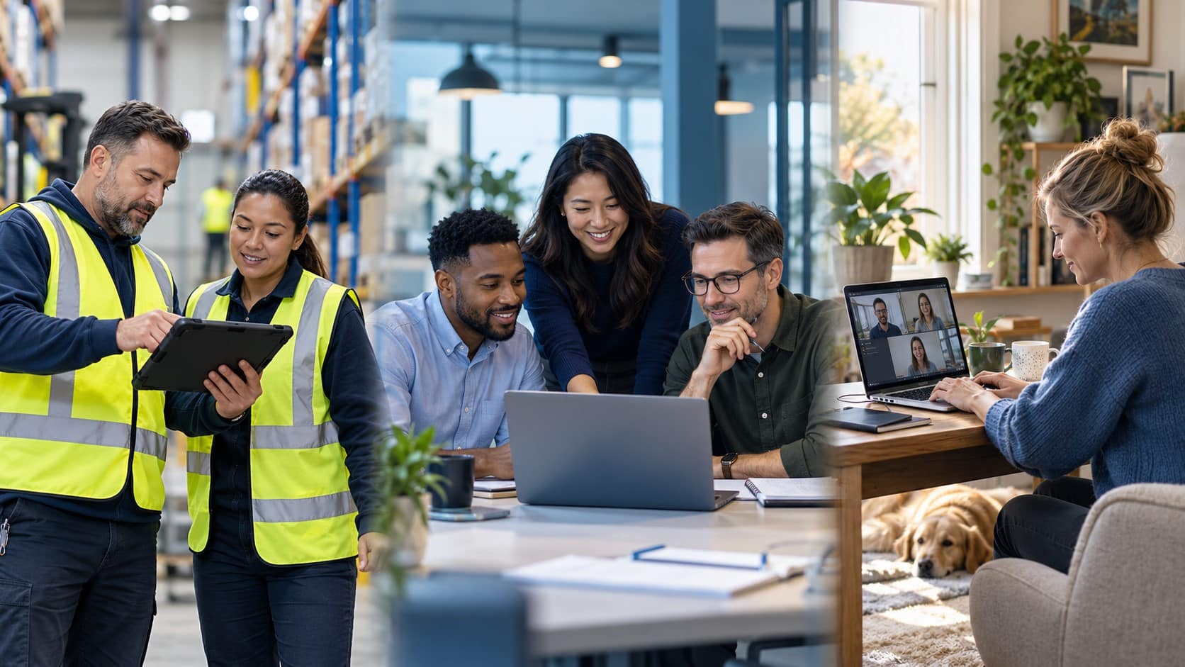Distributed workforce with frontline staff using a tablet, office colleagues collaborating, and a remote employee on a video call.