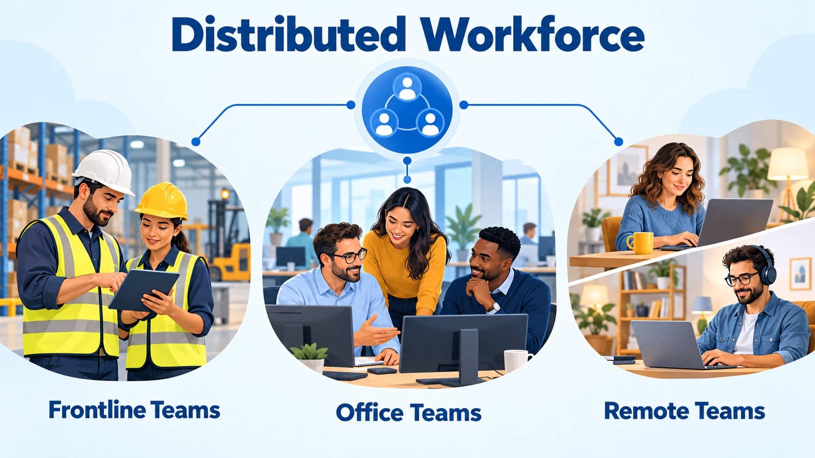 Distributed workforce diagram connecting frontline staff, office teams, and remote employees across different work locations.