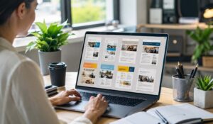 Professional workspace displaying customizable employee newsletter templates on a laptop for internal company communication.