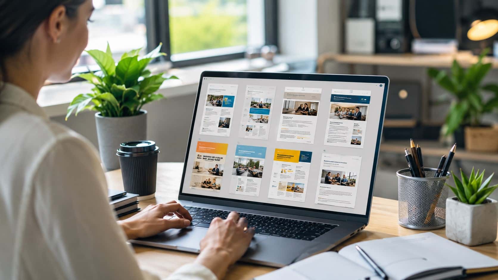 Professional workspace displaying customizable employee newsletter templates on a laptop for internal company communication.