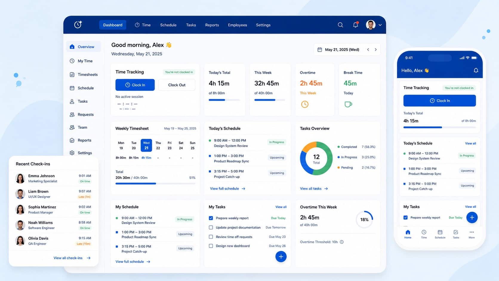 Dashboard of HubnEgage's workforce management paltform offering scheduling, tasks management and time tracking.