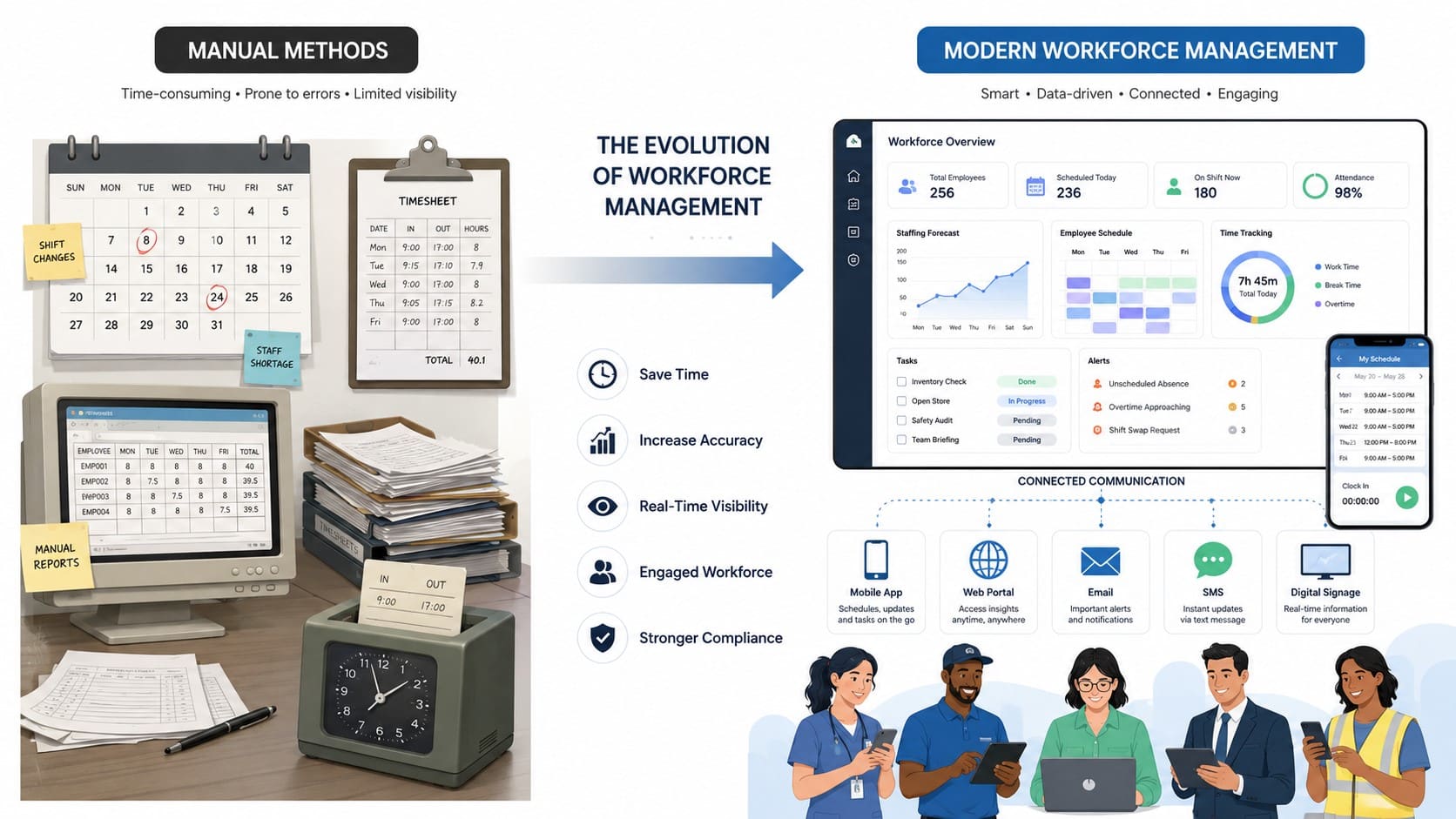 Workforce management evolution from manual timesheets and spreadsheets to modern software with scheduling, time tracking, task management, analytics, and employee communication tools.
