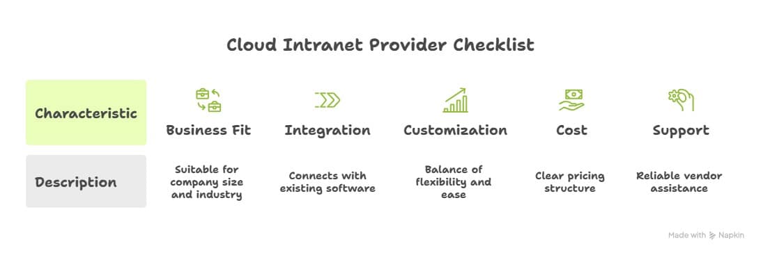 Cloud intranet provider checklist infographic highlighting business fit, integration, customization, cost, and support criteria