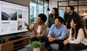 Employees viewing a digital company newsletter together on a large screen in a modern office.