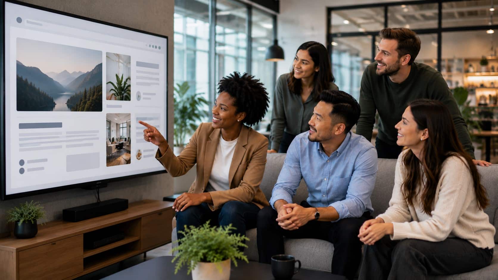 Employees viewing a digital company newsletter together on a large screen in a modern office.