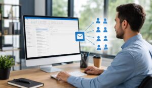 Employee using Outlook dashboard to learn how to send bulk email from Outlook in a modern office workspace.