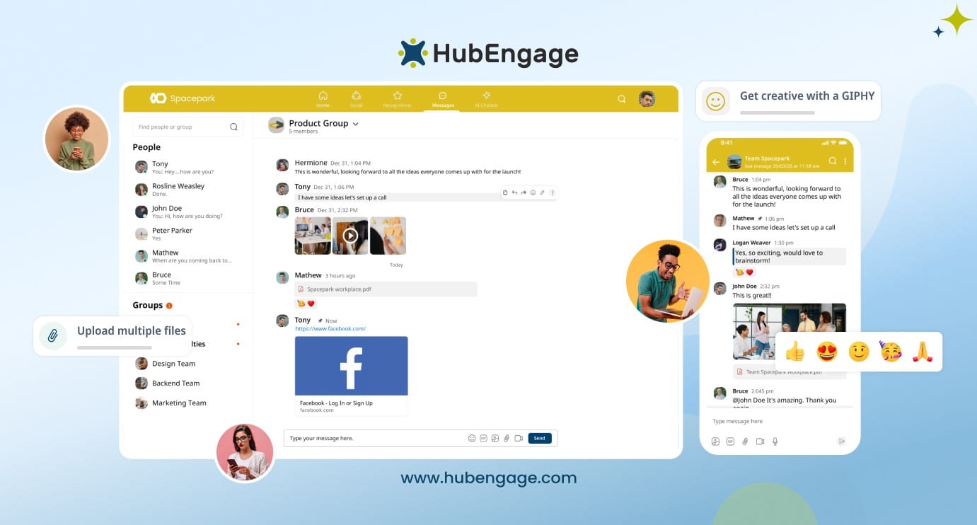 Team communication software interface showing instant messaging, file sharing, group chats, and real-time employee collaboration across desktop and mobile devices.