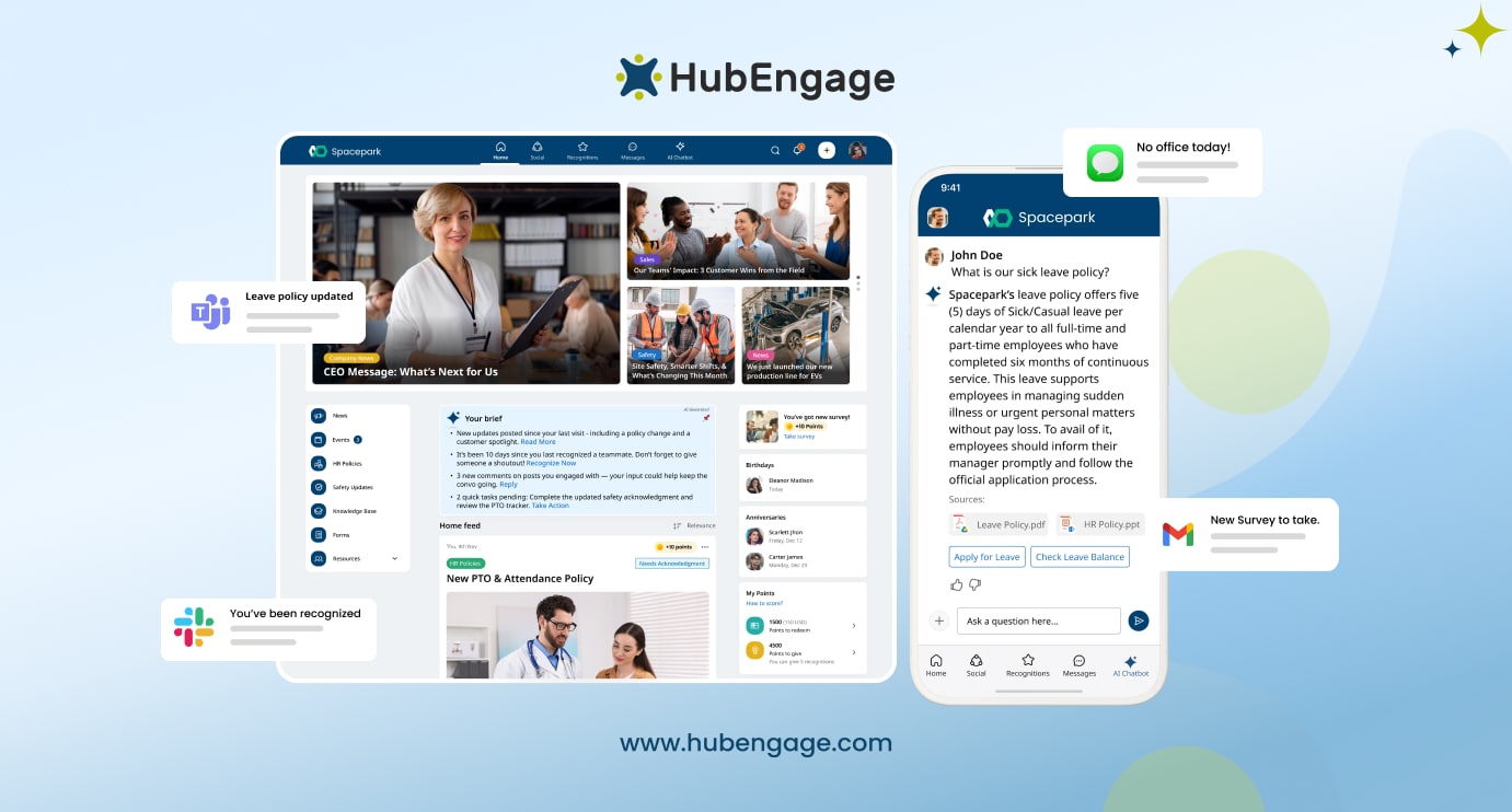 Internal communication platform dashboard showing HubEngage intranet, employee messaging, notifications, and mobile app for workplace communication.
