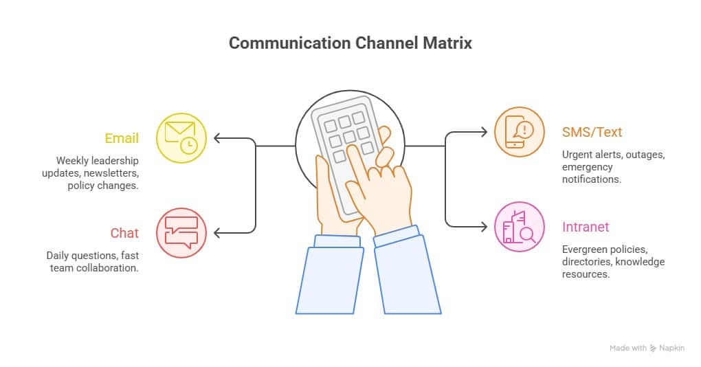 Internal communication tools channel matrix explaining when to use email, chat, SMS alerts, and intranet for workplace communication.