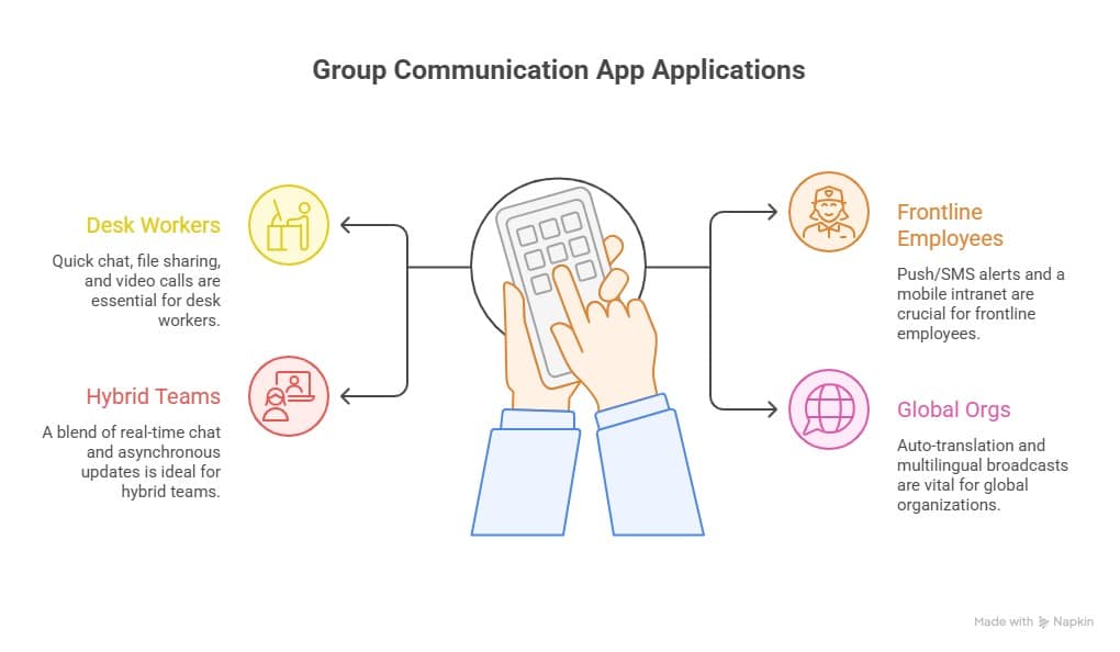 Diagram showing how team communication software supports desk workers, hybrid teams, frontline employees, and global organizations.