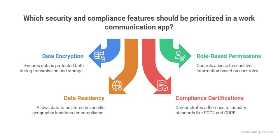 Diagram showing key security features in team communication software, including data encryption, role-based permissions, data residency, and compliance certifications.