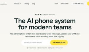 Allo software homepage featuring AI-powered calling tools, automated follow-ups, and mobile-first workflow management.