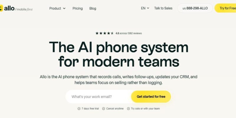 Allo software homepage featuring AI-powered calling tools, automated follow-ups, and mobile-first workflow management.
