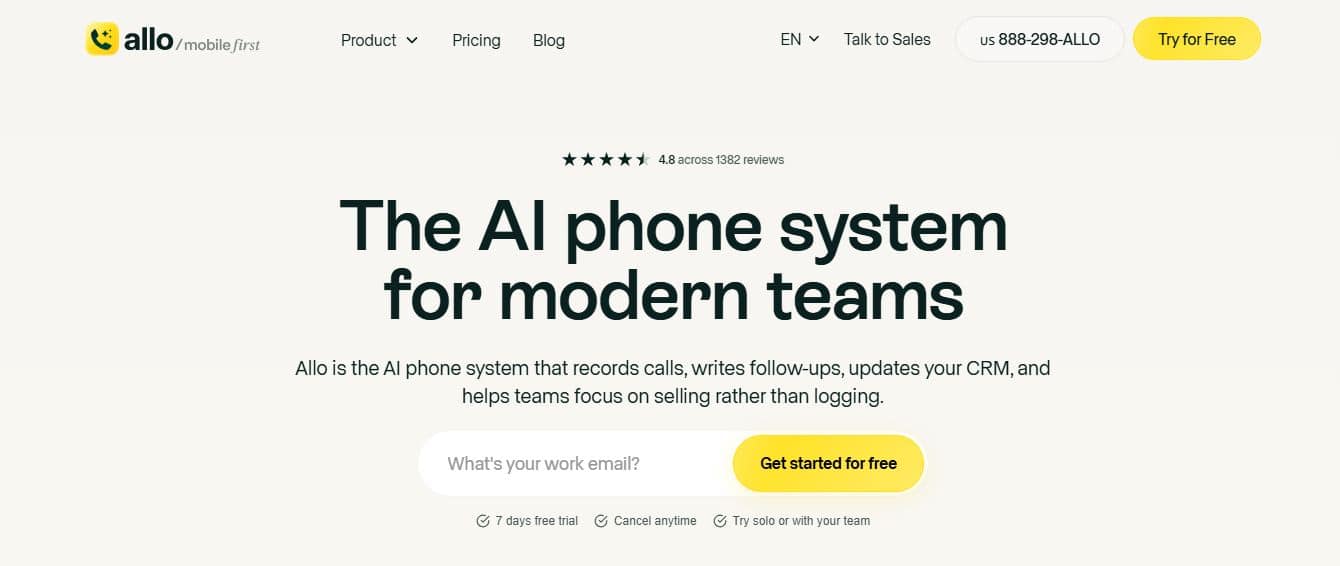 Allo software homepage featuring AI-powered calling tools, automated follow-ups, and mobile-first workflow management.