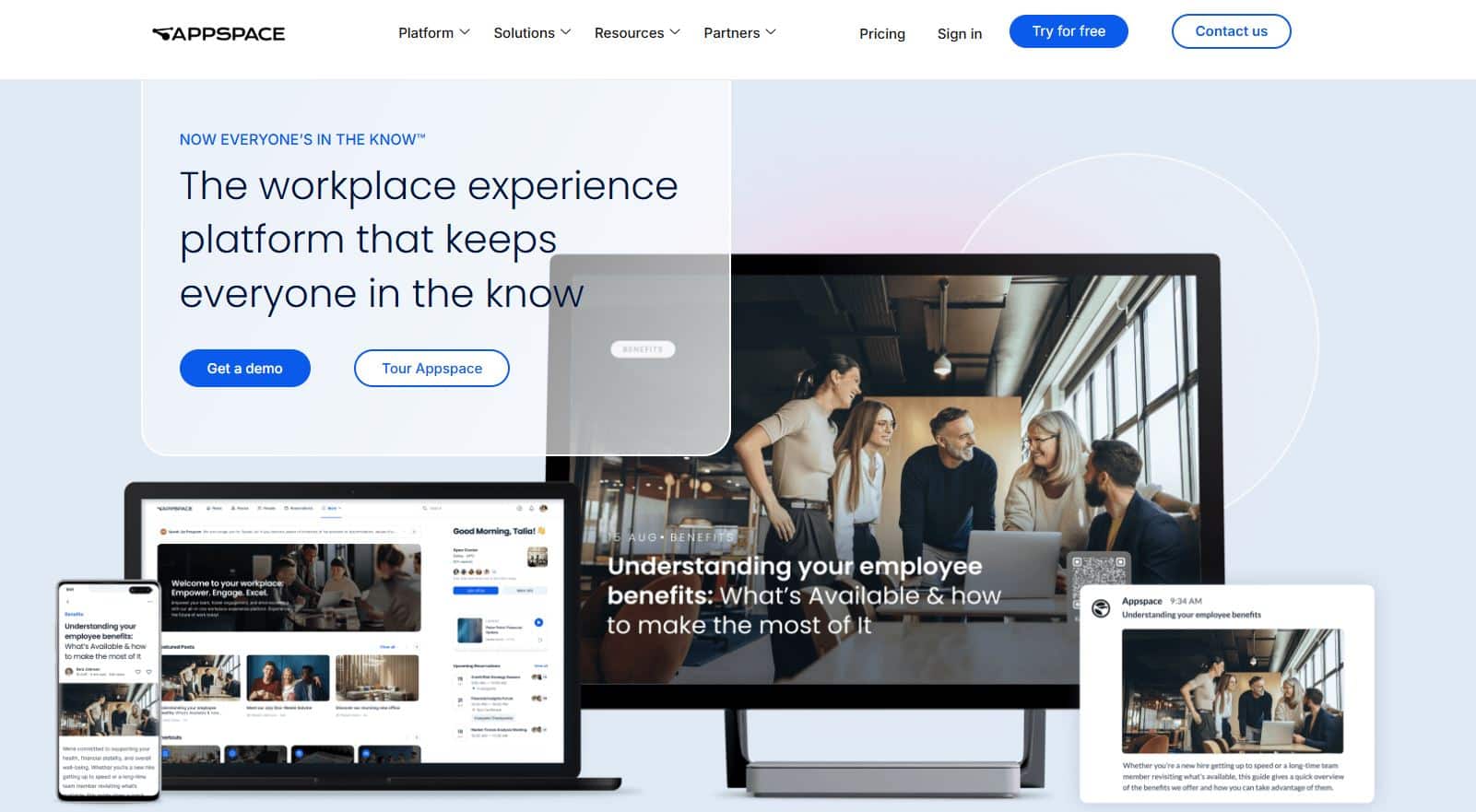 Appspace software homepage showing workplace experience platform for internal communication, employee updates, and digital workplace engagement.