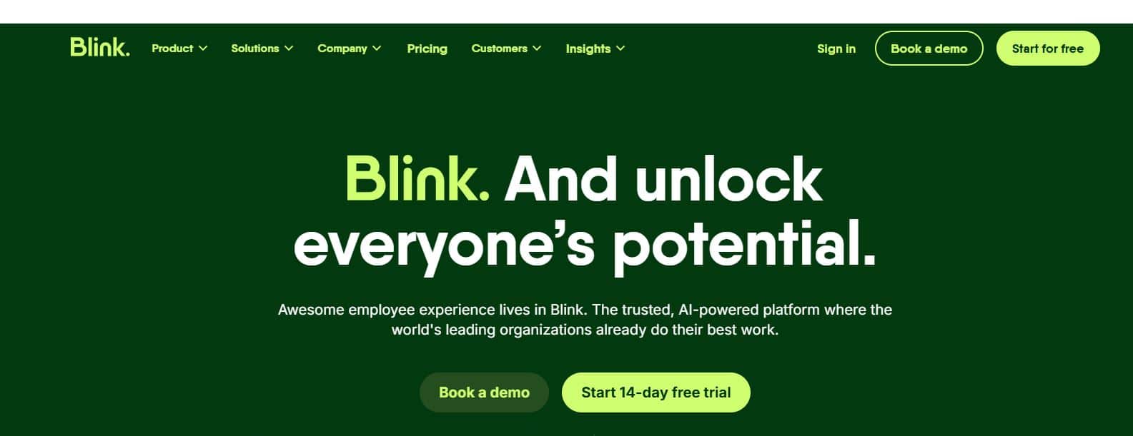 Blink software homepage showing AI-powered employee experience platform for internal communication and workforce engagement.