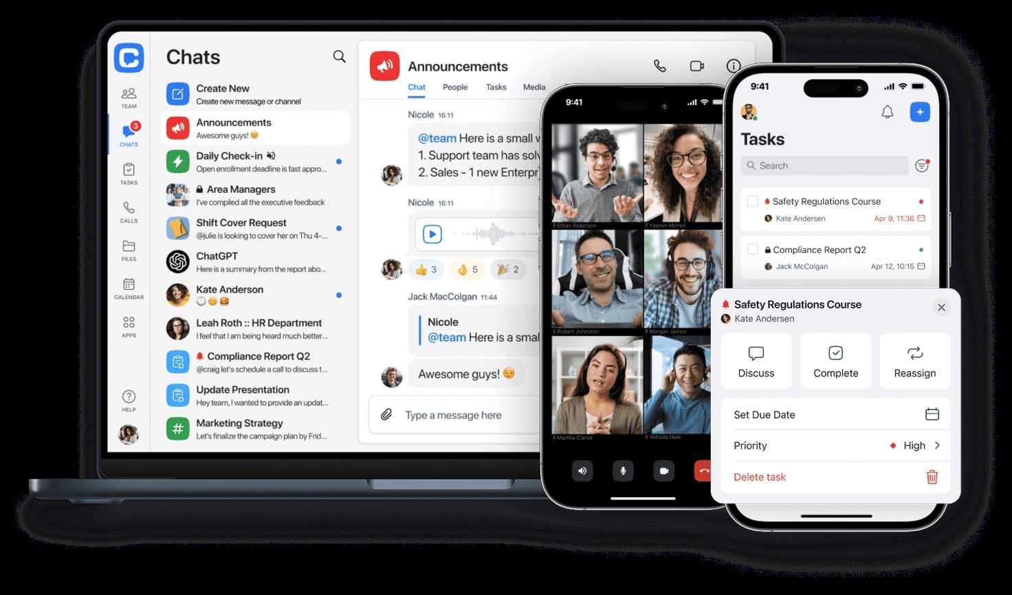 Chanty team collaboration app showing chats, video meetings, task management, and workplace communication across desktop and mobile devices.