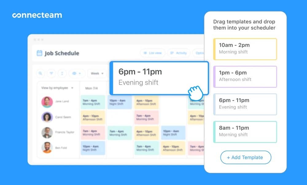 Employee scheduling app interface showing shift planning, drag-and-drop templates, and workforce schedule management for teams.