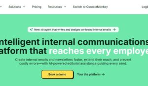 ContactMonkey software homepage showing internal email and newsletter platform helps with employee communication and engagement.