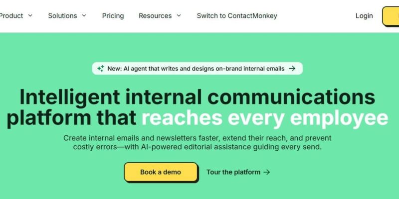 ContactMonkey software homepage showing internal email and newsletter platform helps with employee communication and engagement.
