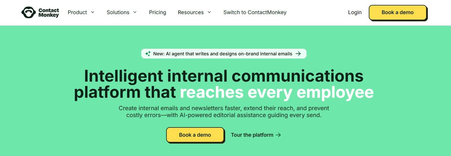 ContactMonkey software homepage showing internal email and newsletter platform helps with employee communication and engagement.