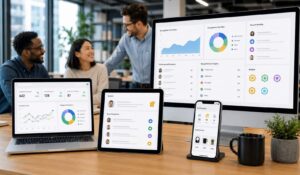 Employee recognition software dashboard displayed across multiple devices in a modern office workspace.