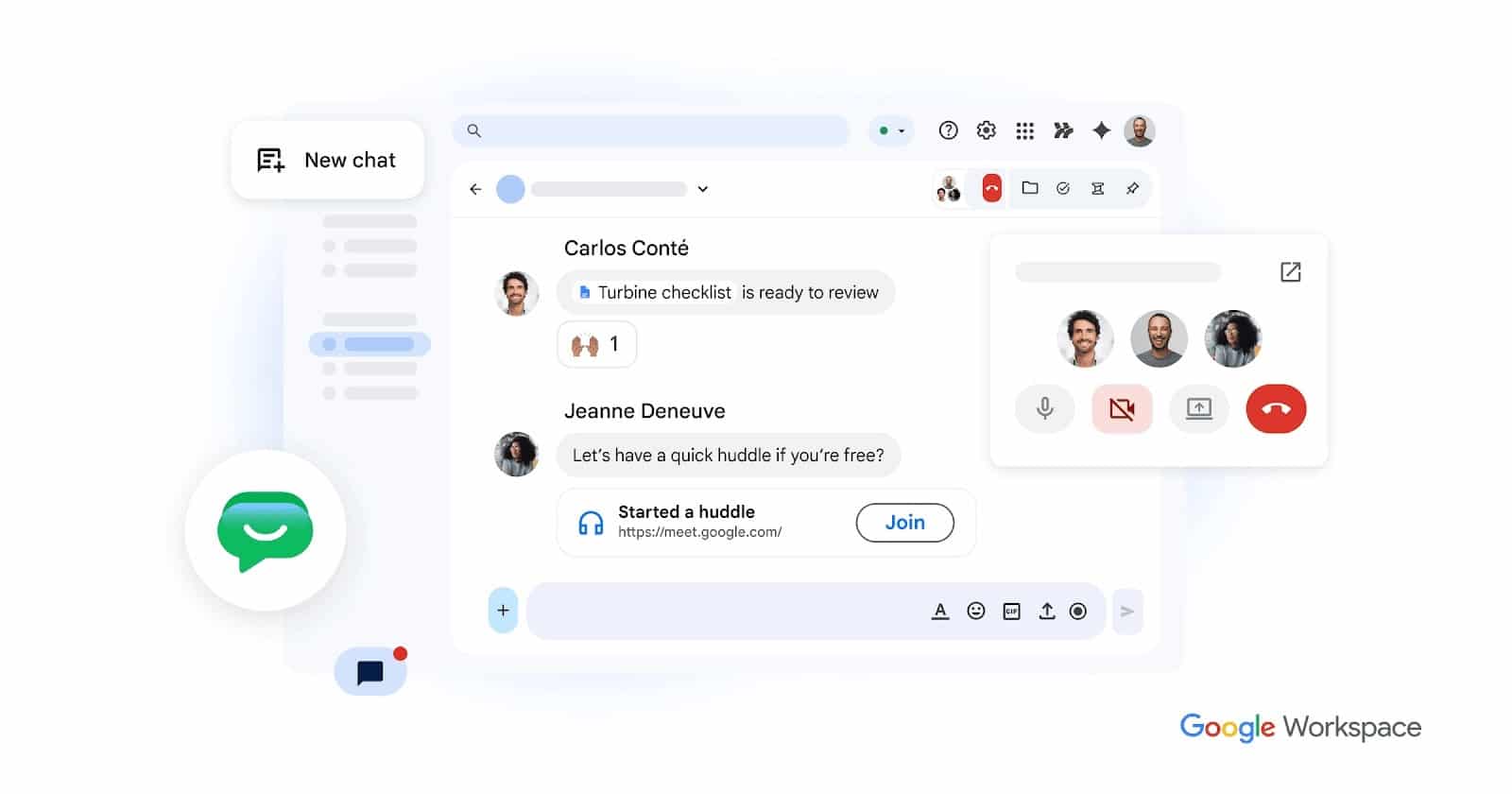 Google Chat interface showing team messaging, quick huddles, video calls, and real-time workplace collaboration in Google Workspace.