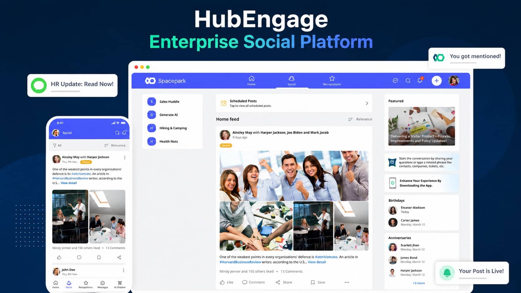 HubEngage enterprise social platform dashboard and mobile app showcasing employee communication, social engagement, notifications, and collaboration tools. It has gamification boost employee engagement.
