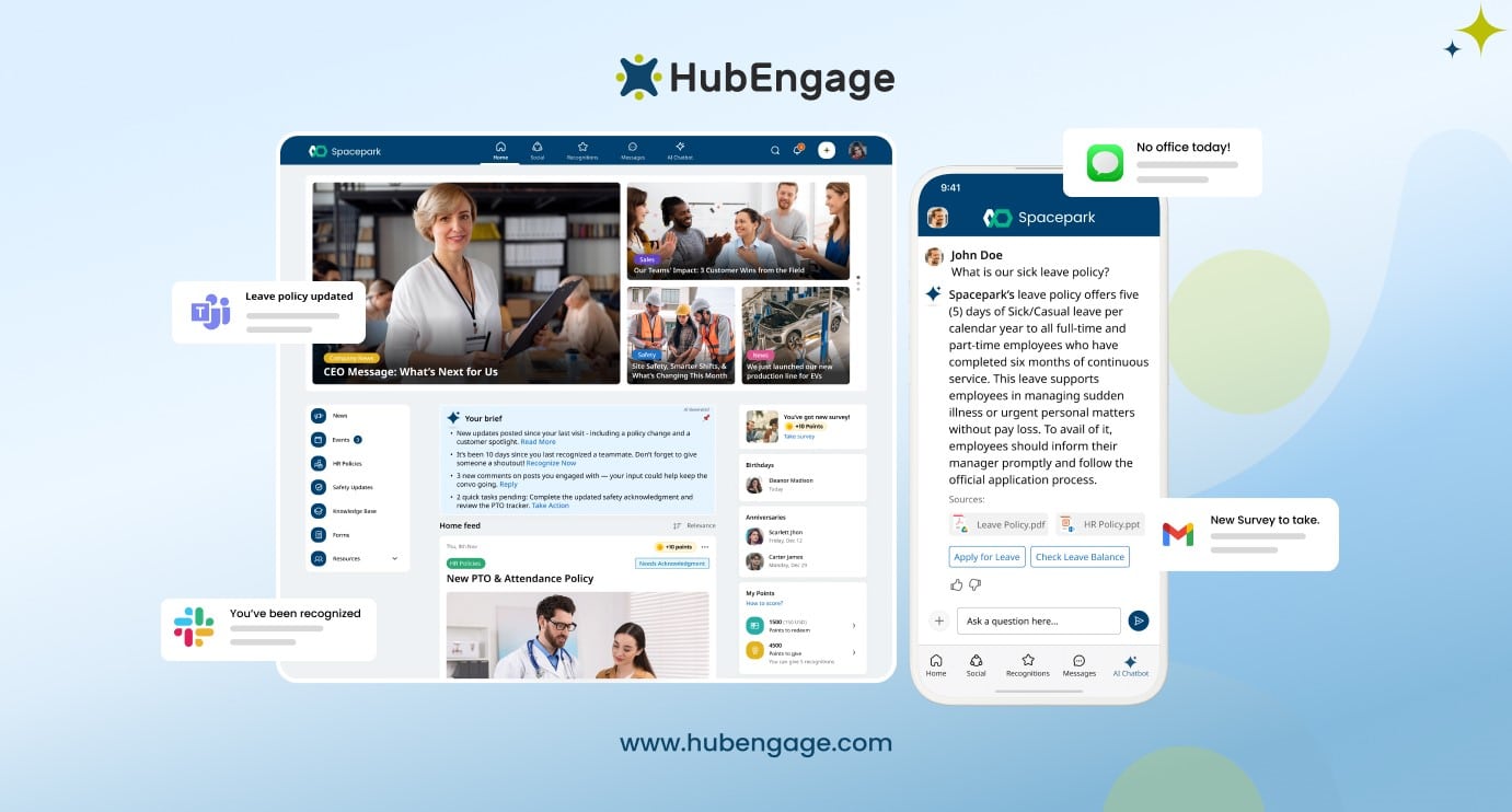 HubEngage intranet software with mobile app, AI chatbot, HR integrations, and team communication tools.