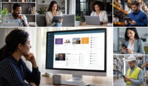 Employees from different departments connected through an intranet software dashboard.