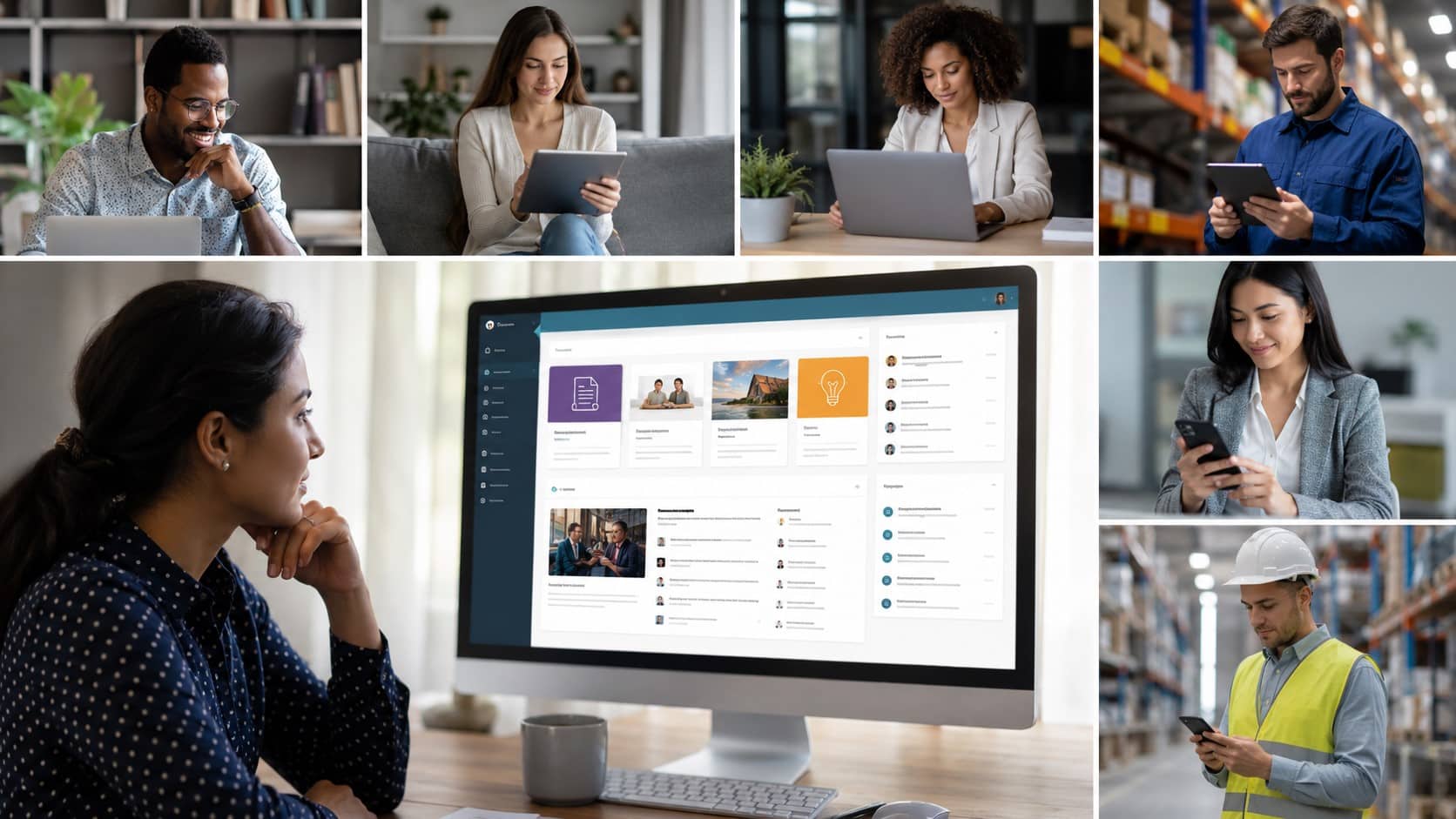 Employees from different departments connected through an intranet software dashboard.