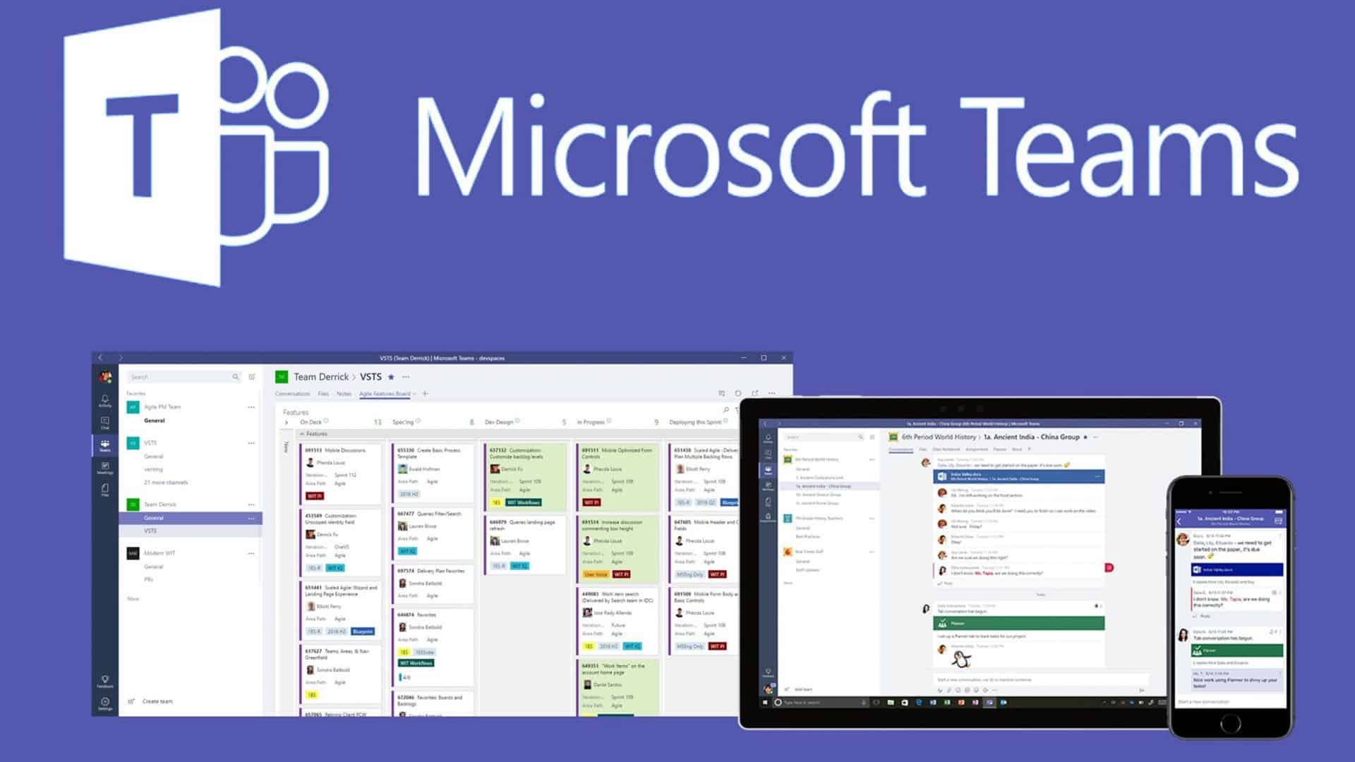 Microsoft Teams collaboration platform showing team chats, project management, and workplace communication across desktop and mobile devices.