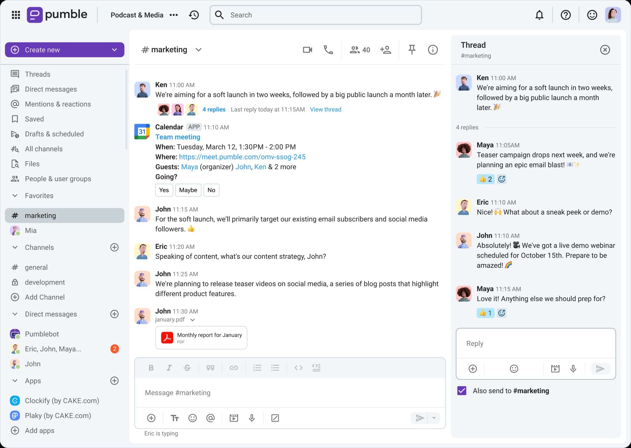 Pumble team communication platform showing marketing channel discussions, threaded conversations, meeting scheduling, and collaborative workplace messaging.