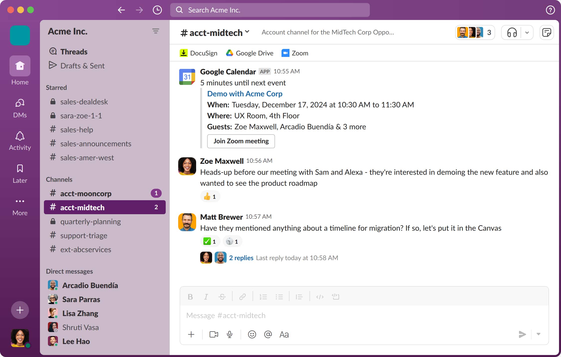 Team messaging platform interface showing channels, direct messages, video meeting alerts, and real-time workplace collaboration.