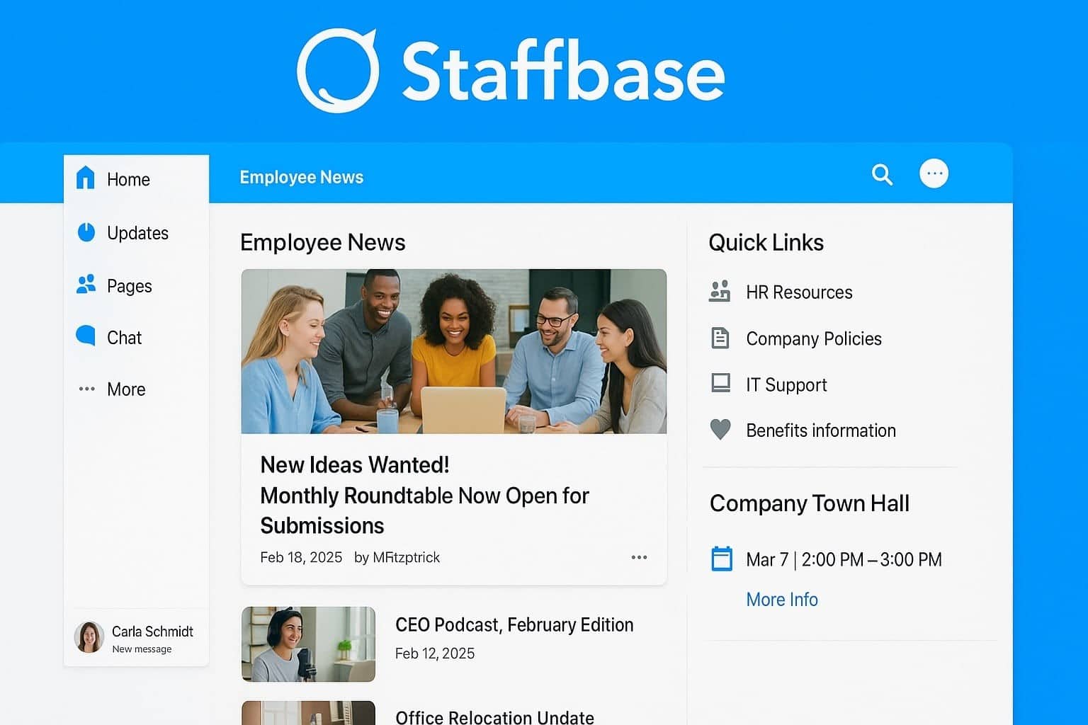 Staffbase employee communication platform showing company news, team updates, chat features, HR resources, and workplace collaboration tools.