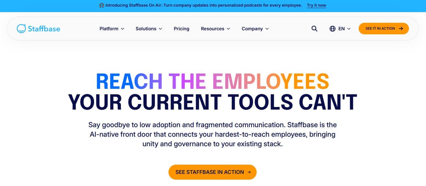 Staffbase software homepage showing employee communication platform designed to reach frontline employees and improve internal communication.