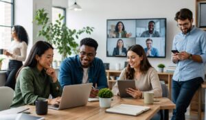 Team Communication Software image showing employees using laptops, tablets, smartphones, and video calls to stay connected in a modern workplace.