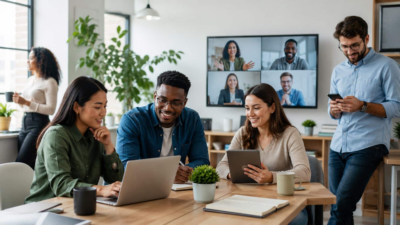 Team Communication Software image showing employees using laptops, tablets, smartphones, and video calls to stay connected in a modern workplace.