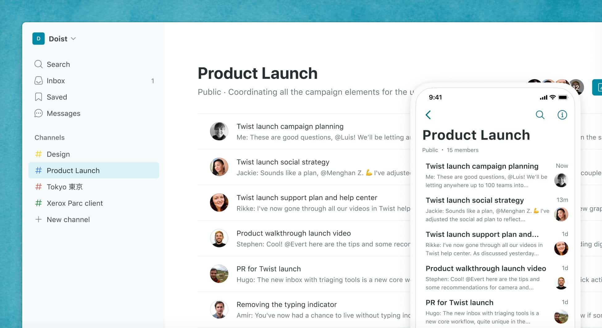 Twist team communication app interface showing product launch discussions, organized channels, and collaborative messaging across desktop and mobile devices.