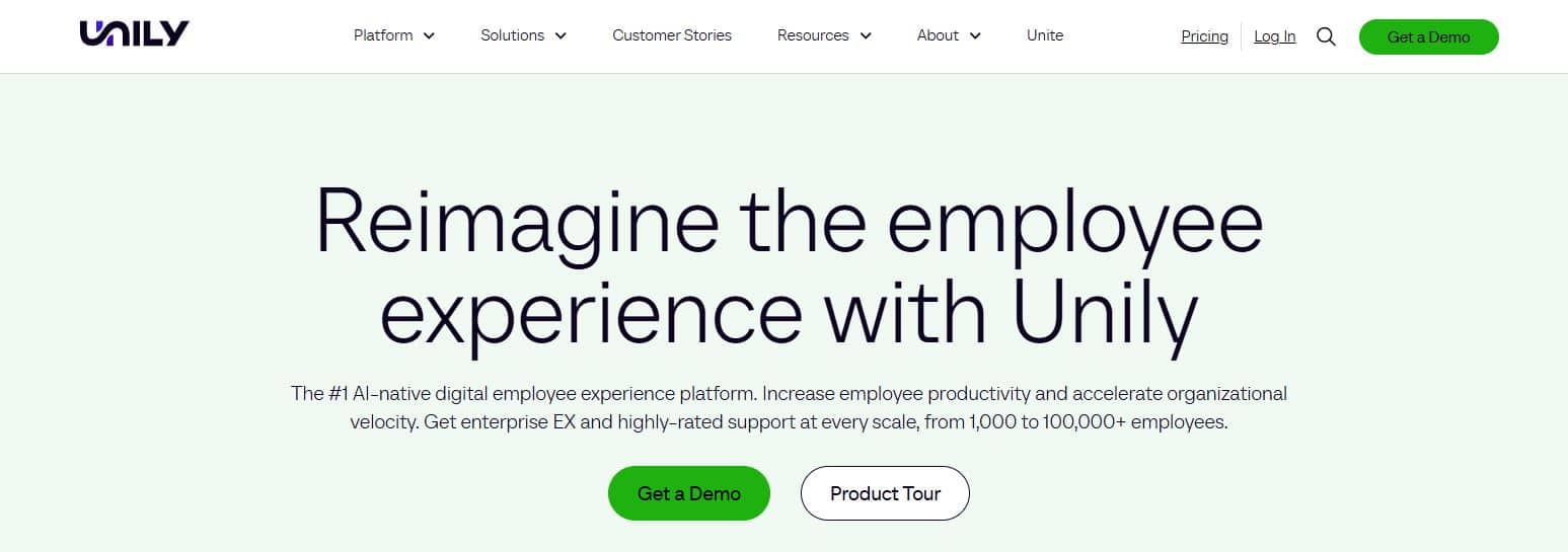 Unily software homepage showing digital employee experience platform for internal communication and workforce productivity.